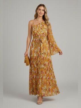 PLEATED WOVEN MUSTARD FLORAL ONE SHOULDER TIE WAIST MAXI DRESS